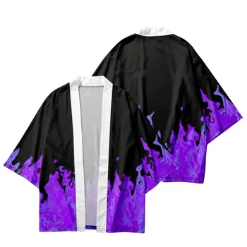 Purpura Liesmas Drukāt Lielgabarīta Kimono Vasaras Pludmales Vīriešiem, Japānas Tradicionālās Jaciņa Haori Sieviešu Krekls Harajuku