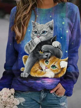 Jaunu 3D Gudrs Kaķis Drukāt Sievietes ir O-veida Kakla garām Piedurknēm T-krekls, Pulovers Brīvs T-krekls Plus Lieluma Gadījuma Modes Sieviešu Tops