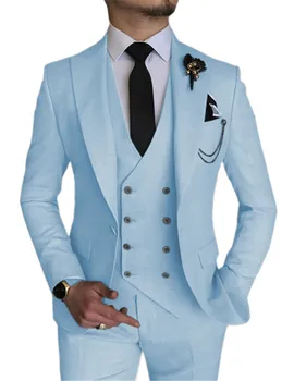 Modes Gudrs Biznesa Debesis, Zils Kostīms Homme Kāzu Vīriešu Uzvalki Maksimālā Atloks Līgavainis Tuxedos Terno Masculino Balli Žakete 3 Gabali