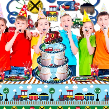 3-slāņu Bērniem, Multiplikācijas filmu Vilciena Kravas Rotaļlietas Spēli Birthday Party Cupcake Displejs Stāvēt Bērnu Duša Puse Kūka Backdrops Rotājumi