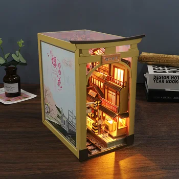 DIY Koka Grāmatu Nook Shelf Insert Komplekti, Miniatūras Cherry Blossom dzelzceļa Stacijas Bookends Japāņu grāmatu Plaukta Roku darbs Amatniecības Dāvanas