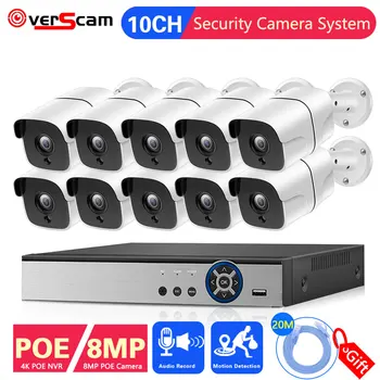 4K 8MP, CCTV Drošības Sistēmas 10CH POE VRR Komplekts Āra Ūdensizturīgu IP66 Audio Ieraksts POE IP Kameras Video novērošanas kameras komplekts
