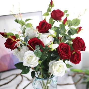 3 galvas zīda Rožu Ziedi Apdare rožu Zīda Mākslīgie Ziedi filiāles, rozes, kāzu pušķi, dekoratīvās apdares