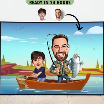 Karikatūra Tēvs un Dēls Zvejas Laivu Personas Sienas Plakātu Un Mākslas Izdrukas, Attēlu Audekls Gleznošanai Apdare Guļamistabai