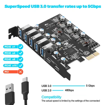 PCIe USB 3.0 Karšu Paplašināšanas 5X USB, 2X USB-C PCI Express USB Pievienot Kartes Iekšējā USB Hub Pārveidotājs BTC Ieguves Stāvvadu Karte