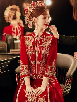 Ķīniešu Tradicionālā Vizuļi Frēzēšana Laulības Kleita Grauzdiņš Apģērbu, Līgavas Kleitas, Balles Tērpu Velūra Cheongsam