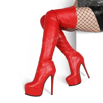 Sarkana Lakādas Platformas Zābaki tīrtoņa Krāsu Augšstilba Augstu Kārtu Toe Kurpes Sieviešu Plānas Papēžiem Kurpes 2023 Zapatos Para Mujere