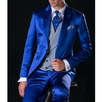 Royal Blue Satīna Vīriešu Uzvalki, Kāzas, ar Pelēka Veste Slim Fit Līgavainis Tuxedos Vīriešu Modes 3 Gabali (Žakete+veste+Bikses)