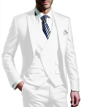 Jaunākās Kažoku, Elsas Dizainu Tērps Vīriešiem 2023 Slim Fit 3 Gabals Balts Klasisks Smokings Kāzu Tērpi Jaka Pasūtījuma Līgavainis Žakete, Bikses, Veste