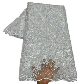 Balts Modes Franču Tilla Mežģīnes Auduma, 5 Metri Augstas Kvalitātes Nigērijas Sieviešu Puse Kleita Vizuļi Izšuvumi Āfrikas Mežģīņu Auduma