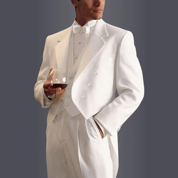 Elegants Uzvalki Vīriešiem, Balta, pieguļoša 3 Gabals, kas Modes Iecirtums Atloks Dubultā Krūtīm, Vīriešu Žakete Balli Puse Kāzu Tailcoat