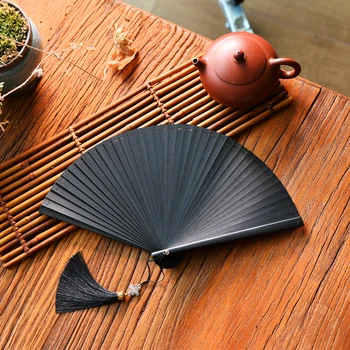 Antīko pure black bamboo locīšanas ventilators vienkāršs un elegants abpusēja atvēršana un aizvēršana raitu dejas