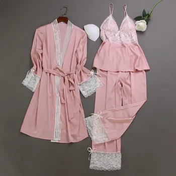 Fdfklak 2022 Jaunā Pavasara Vasaras Zīda Pidžamu Guļamistabas Komplekts Sievietēm Sexy Apakšveļa Pijama Femme Pidžamas 3 Gabali, Mežģīnes, Mājas Drēbes