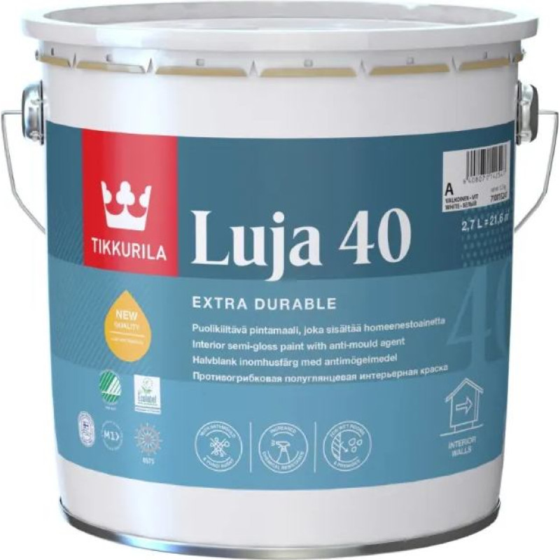 Tikkurila Luja 40 krāsa sienām, griestiem mitrām iekštelpām, pusspīdīga 0,9L