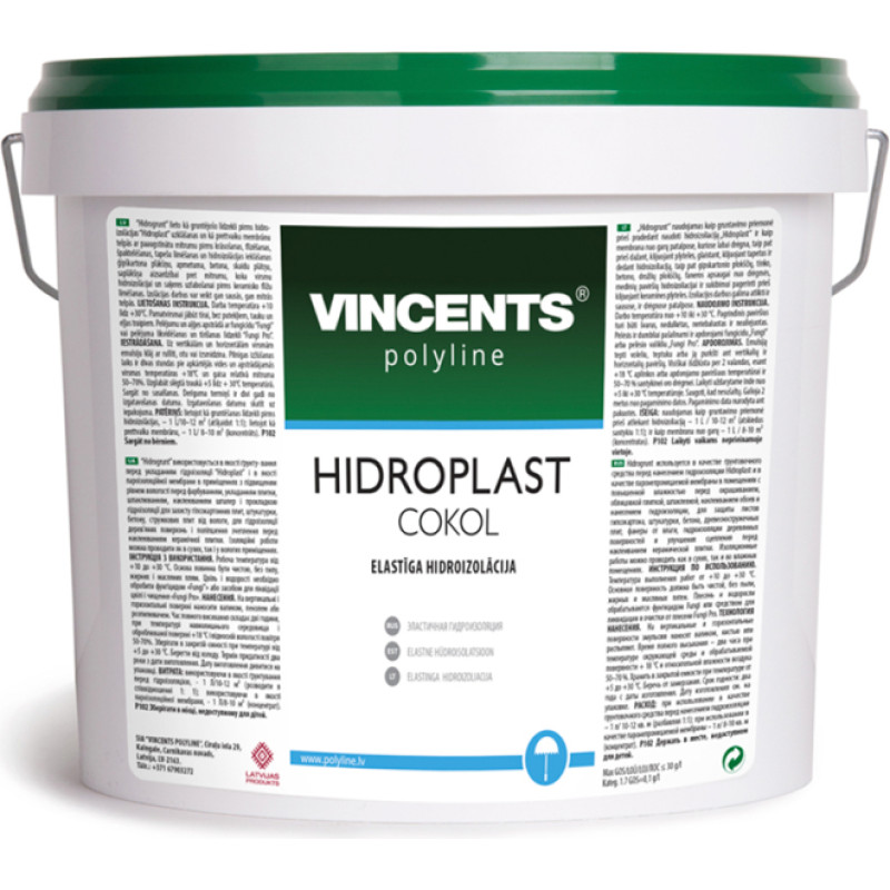 Vincents Polyline HIDROPLAST COKOL vienkomponenta hidroizolācija ēku pamatu virzemes daļai 23kg
